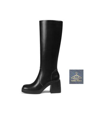 Square Toe Knee High Platform Chunky Heel Boots Faux Leather Side Zip Women's